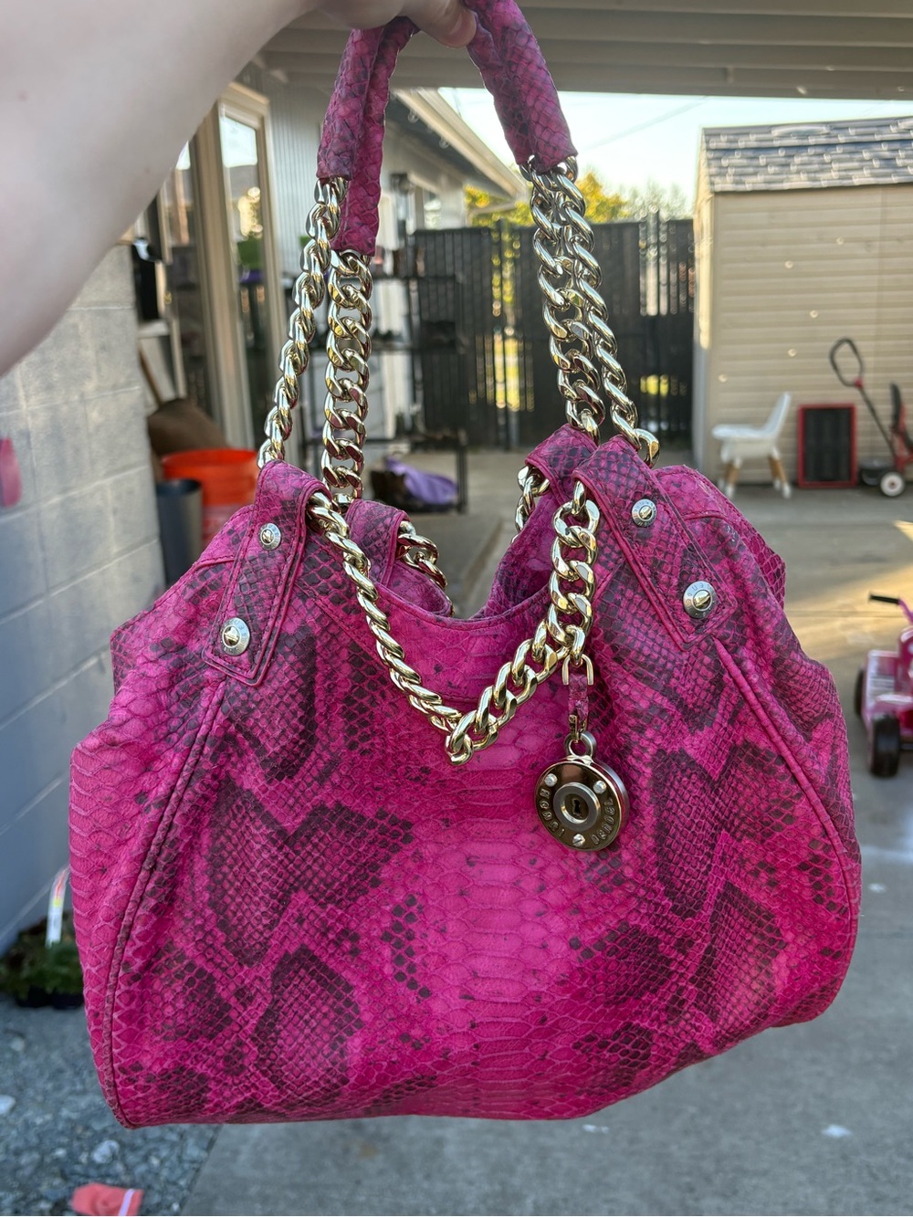 RARE Henri Bendel Pink Leather Handbag w Gold Chain & Hardware